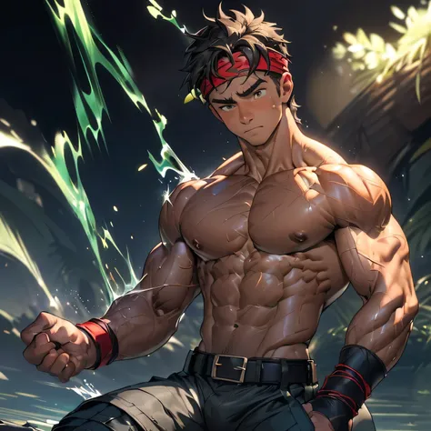 ((masterpiece, best quality, dynamic angle, dynamic pose, acrobatic pose)), (((((Black Background, Dark night, (Depth of field:1.2), steam, arched back, upper body, relax))))), (1 boy, Young guy, muscler, Shirtless, topless), ((((Wounded, exhausted, 1boy, ...