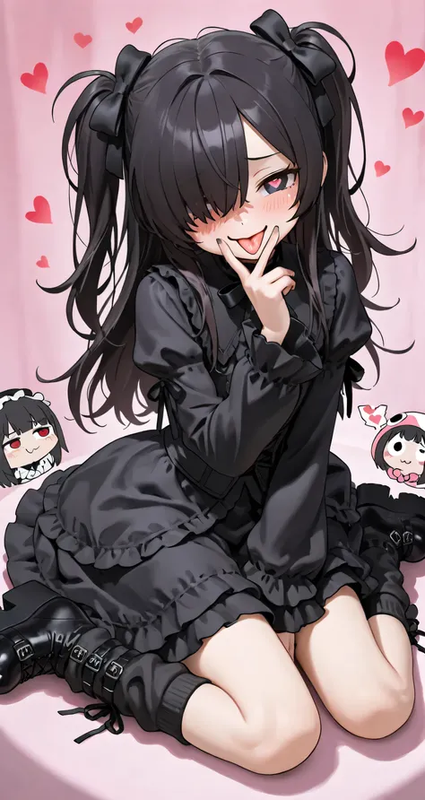 flat chest, skinnybody, Droopy eyes, Dull woman , messy hair, shy, black hair ,hair over one eye, two side up, heart shaped pupils, Gothic Lolita, long black ribbon, tongue, smug, v over tongue, wariza, platform boots, Loose Socks