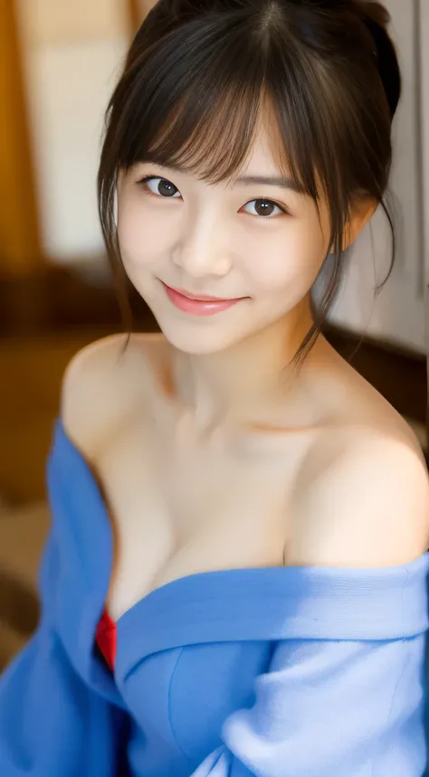 masterpiece,best quality,(Japanese girl),((Beautiful girl)),cleavage,(off shoulder:1.2),(perfect body beauty:1.2),(shy smile),From slightly above