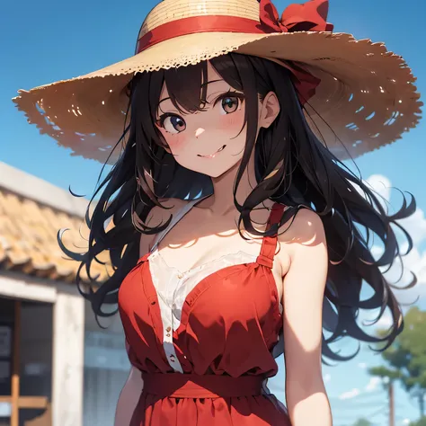  a woman with brown, wavy hair、Wear a big brimmed hat、 smiling with her mouth wide open、 is facing the front、Wearing a red dress、Draw the entire upper body 、No shoulder bag required 、Draw without hiding your shoulders