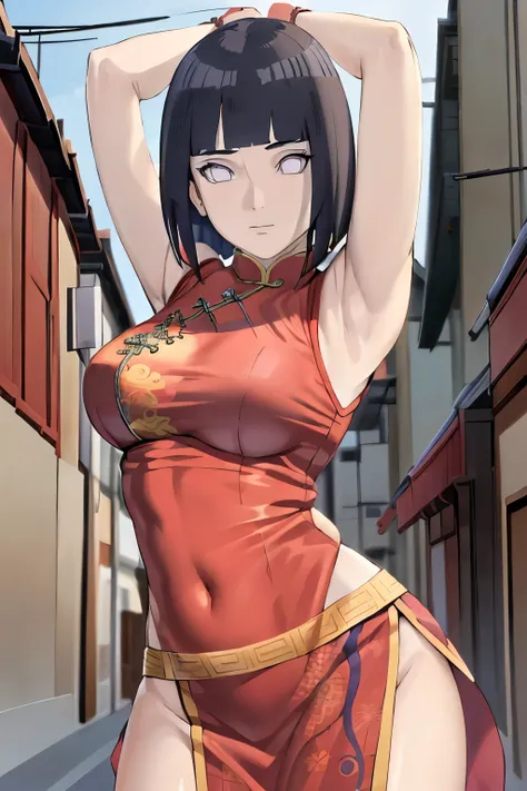 masterpiece, absurdres , (intricate details), (colorful),cinematic lighting,bust shot,extremely detailed CG unity 8k wallpaper ,hinata\(boruto\), 1girl, solo,mature female, arm up, looking at viewer, sleeveless red chinese dress, in a chinese town, outdoor