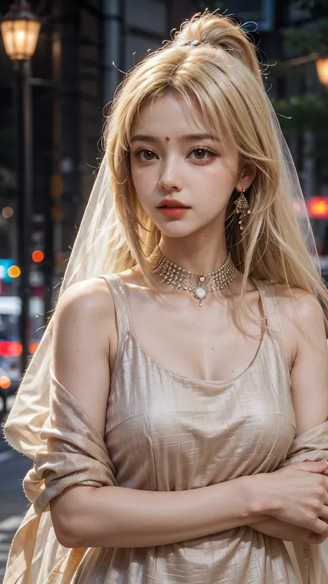 (((desi girl))), chubby face, natural skin, wearing hot deep neck top and dupatta, charming black hair, ((hair ends are blonde)), city streets background, bokeh