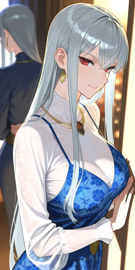 Masterpiece, elegant mature woman, selvaria bles, red eyes, casual clothes, long sleeve shirt, tall body, upper body, dynamic lighting, ultra detailed, highres, absurdres, senjou no valkyria (series), mik blamike art style, newest, blue dress with long sle...