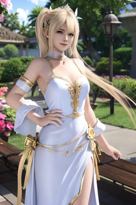 Marie rose, master-piece, best quality, maxi dress outfit, white and gold, maxi accesories, maxi headpiece, slight smile