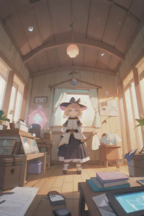 masterpiece, best quality, chromatic aberration, (witch:1.1), indoors, wooden hut, glowing hut, (magical:1.1), best eyes, light particles,illustration, high resolution, pastel colour, 