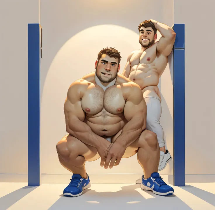 a stocky chubby guy in his 30s, former rugby player, ((full body)), (((naked))), ((shirtless)), ((bare chest)), (((front light))), 180 cm tall, weighs 120 kg, cute round face, with white background, (at the center of a white room), with only white competit...