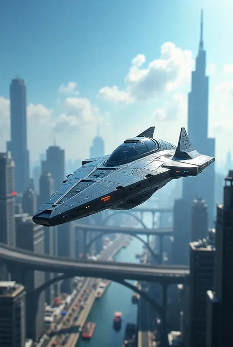 Create an image of an incredible spaceship floating in the modern sky.