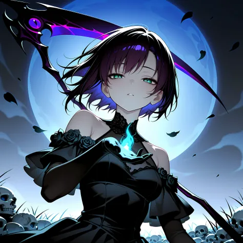 1girl, grim reaper, off-shoulder dress, black dress, medium-length dress, dark purple hair, short hair, asymmetrical hair, green eyes, half closed eyes, distant gaze,  standing, (right hand holding scythe:1.3), grim reaper, cursed weapon, purple blade,  le...