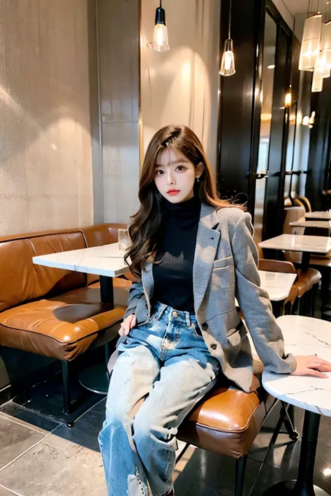 A fashionable young woman sitting in a stylish cafe, wearing an oversized wool blazer in a muted monochrome color. She pairs it with a solid-colored turtleneck sweater and clean straight-leg denim jeans, creating a girly-meets-menswear mix. Her look is com...