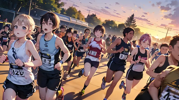 SFW、(((昼間の ground 、sweat、 ground 、 upper body、 dynamic angle、 at dusk、)))、 anime、 animeCG、(((10 people、 many marathon runners start running、Men and women 々What kind of person 々、 painful expression、 tank top、 shorts))、 Masterpiece、No matter how high quality...