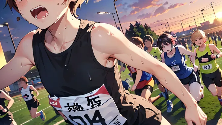 SFW、(((昼間の ground 、sweat、 ground 、 upper body、 dynamic angle、 at dusk、)))、 anime、 animeCG、(((10 people、 many marathon runners start running、Men and women 々What kind of person 々、 painful expression、 tank top、 shorts))、 Masterpiece、No matter how high quality...