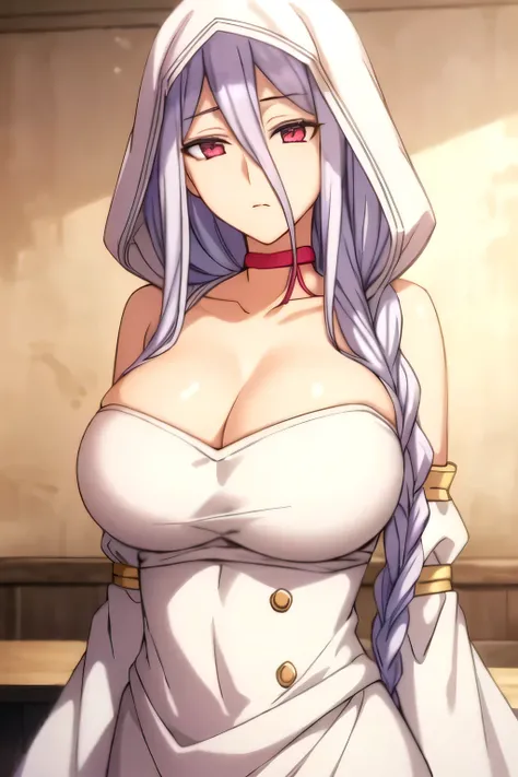 ç½ç»,1girl,expressionless,long braid,hair over shoulder,colored eyelashes,red eyes, big breast, first-rate breast, sexy waist,
ç½,white hood,hood up,red choker,bare shoulders,cleavage,white dress,detached sleeves,long sleeves,wide sleeves,nsfw,, 20yo,Yo...