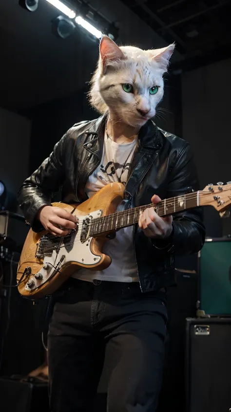 A white cat with green eyes, wearing a black leather jacket and a white shirt underneath. Playing a stunning solo on his black electric guitar, his claws moving quickly on the fretboard of his black guitar. The lighting effects change to blue and purple, c...