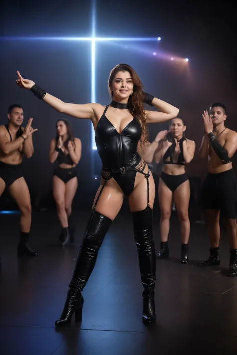 Full body photo of SEXY 50YO MATURE MILF AISHWARYA RAI as NYMPHOMANIAC MILF MOMMY, ((FLIRTATIOUS MOCKING SMIRK)), ((Wet hair)), (ponytail tied hair), ((SKIMPY PENTAGRAM SLAVE harness)), ((boots)), (((SENSUAL DANCING IN CROWDED ONLY BOYS' RAIN DANCE PARTY))...