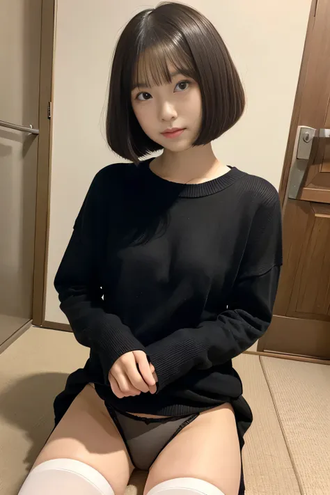  Japanese, Linda,  small, baby face,  by Nomi, Large plain panties, Good top, Thigh socks,  black hair bob cut 