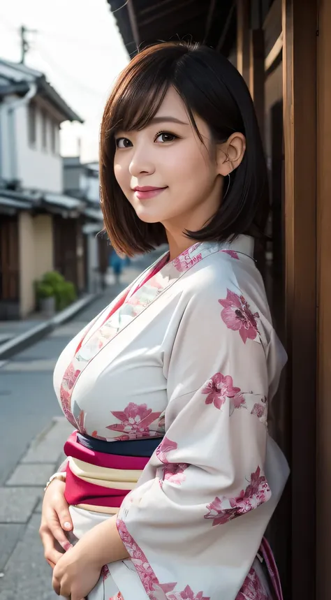 8k, photorealistic, 45-yo, mature, female, mature atmosphere, cute, baby face, Round face, shy smile, {chubby, plump, big hips, rounded abdomen, double belly, bunk belly, chubby}, cleavage, {Japanese kimono costume,colorful}, medium hair, straight hair, ou...