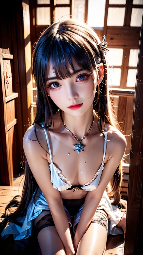 (((Silver Hair))), ( backlit), ((Super wet skin)), ((Fluorescent color)), (((In-depth images))), brunette girl, big Smile,  super beautiful glowing eyes、 hangs from the ceiling with her arms tied with a rough rope、sweat、The rope bound her body、 wet body、 L...