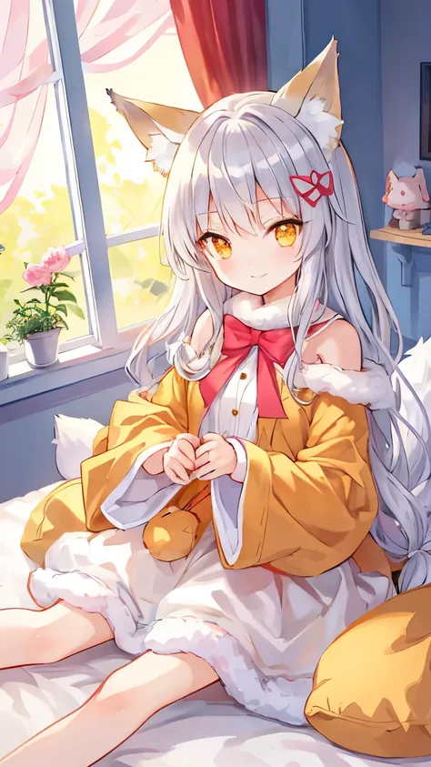  beautiful illustration 、Top、  Cute  、bedroom、 soft colors 、 Furry Fox Ears、Petite、 Silver Long Hair 、Plush Fox 、 Bright Lights 、 bright golden eyes 、