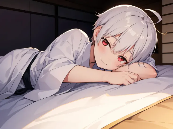 (( one boy)),alone, ((ahoge)), (((White short hair)))  red eyes, 薄暗い夜のJapanese-style room , No lighting, On the futon,(( lying face down in the foreground )),Japanese-style room,  kimono, (( gentle smile)) ,Blushing,  top quality with beautiful eyes,     h...