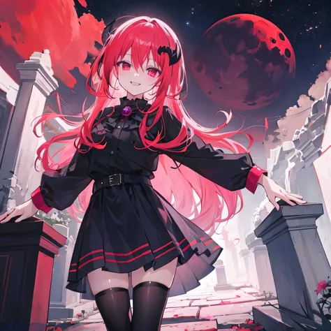 
Outside a funeral evening schedule 

Satanichia McDowell sitting in a coffin 
beautiful smile

Thick fog 

magenta eyes and red hair tied with 2 pigtails 
detailed arms and hands 

horns

Pretty girl, Dark, tumba, Funeral, Red Moon , aura