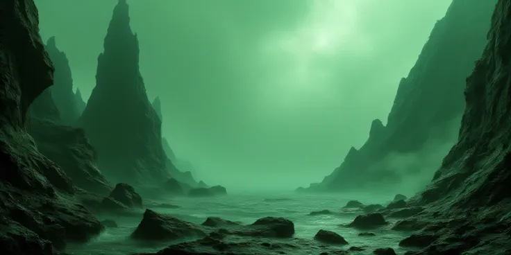 sharp rocks, green fog, and the ocean.