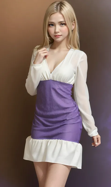 ((small、solo、Northern Europe、White skin、beautiful girl、brown Blonde, lite purple background、tiny dress:1.7)))、frame, highest quality:32K, sexy naked figure, hd line in every details, ultra super detailed, finely, High resolution:32K, 64k wallpaper, Perfect...