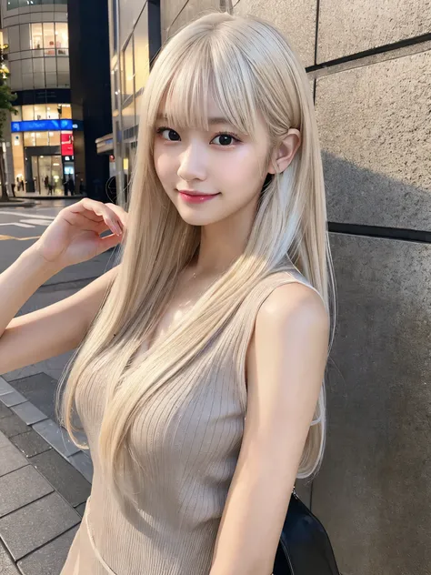 (Masterpiece, Top Quality, 8K Quality), Realistic Photos, Perfect Human Structure, Perfect Anatomy, Japanese Young Adult Female, One Person, KPOP Idol Style Face, Provocative Smile, Clear Skin, Natural Textured Skin, Very Detailed Hands, (((Platinum Blonde...