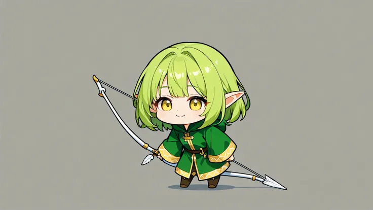 Draw only one character in the image. best quality, Alone, フラット color, color, chibi , A chibi-style, two-heads-tall girl with pointed ears and long green hair. She is elf. She is wearing a green short robe adorned with magical patterns She has a bow a...