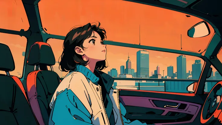 Top Quality, 8k, 1980's Style, Nostalgic City Pop Aesthetic, Showa Japan, Highly detailed anime style illustration capturing the nostalgic essence of 1980s Japan inspired by the city pop aesthetic. A young woman with short wavy black hair and deep brown ey...