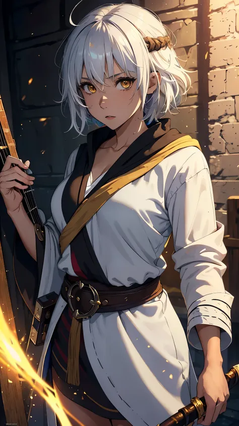 ((masterpiece, best quality)), (1girl, anime girl in dark prison),(mature, tan skin, bard, minstrel), (solo), (female focus), (white hair, short hair, messy hair),yellow eyes, ((adventurer robe, bard robe, black robe)), tan skin, evil, vicious, portraits, ...