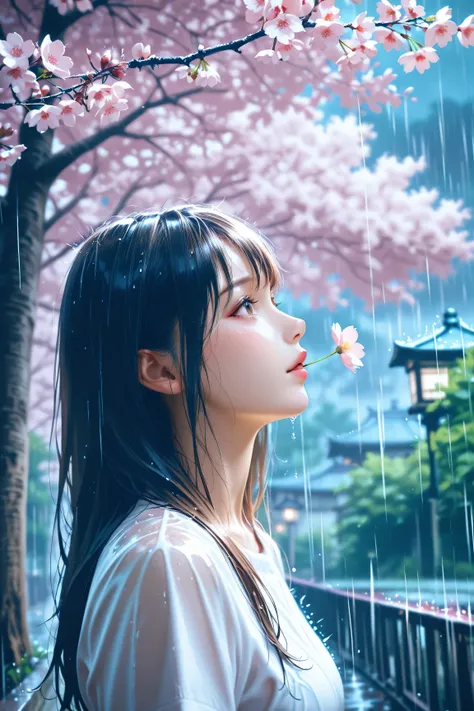 best high quality, Details, photo realistic, cherry blossoms, rain,