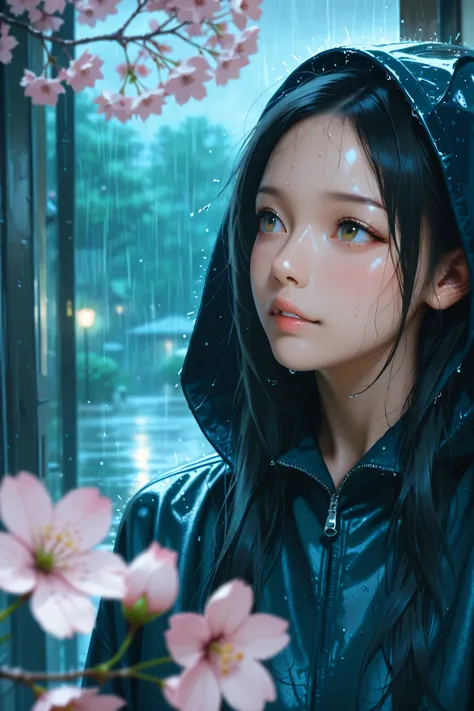 best high quality, Details, photo realistic, cherry blossoms, rain,