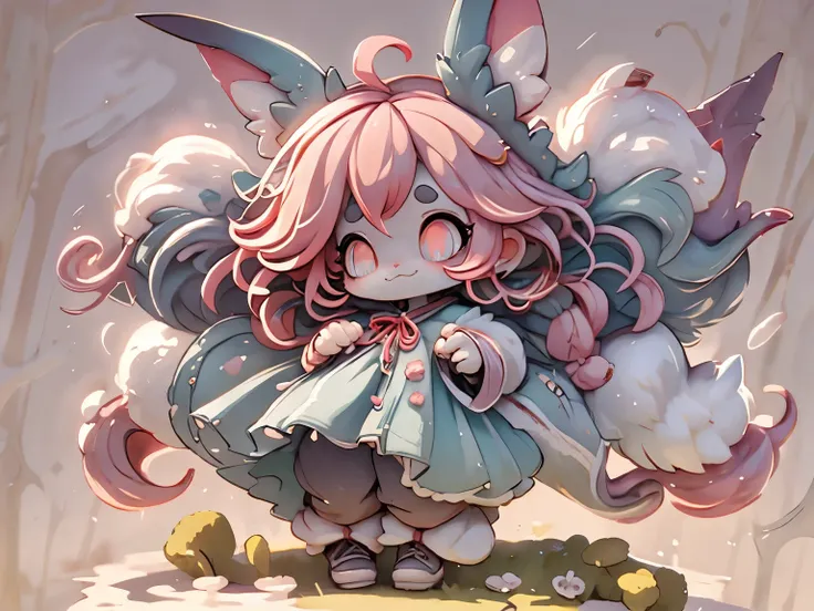 alone , 1girl \(cute, cute,Small ,Pink Hair , red eye,Detailed pupils, wearing clothes\( Alice in Wonderland \), Rabbit ears, big eyes,Smile,Eat cake,cute pose\). [break .background\(simple,cute, heart-shaped logo symbol \). [break . quality\(【8k,Extre...