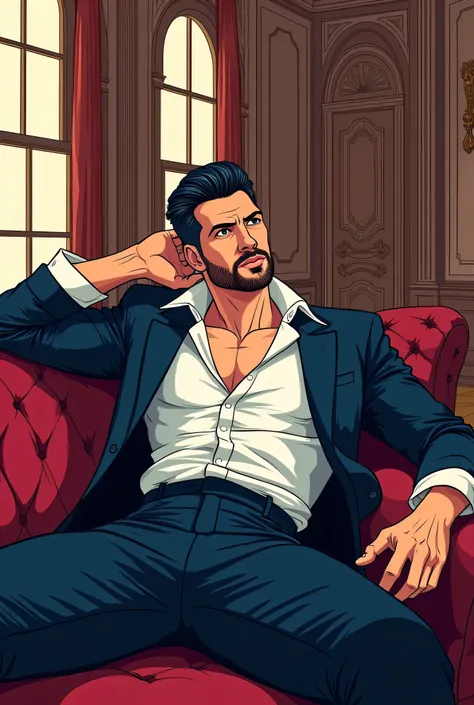 Hot handsome vampire with short hair and beard relaxing on sofa his hand behind his head wearing white shirt colored line art clean  with mansion baground 