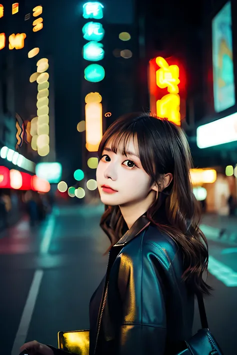 meter（structured information）：
	• subject（Subject）： young woman with long wavy black hair、East Asian Faces、Impressive eyes、 black coat、leather shoulder bag。
	 • Pose （Pose）：  and looked back over my shoulder 、calm and mysterious expression。
	• lighting（Lig...