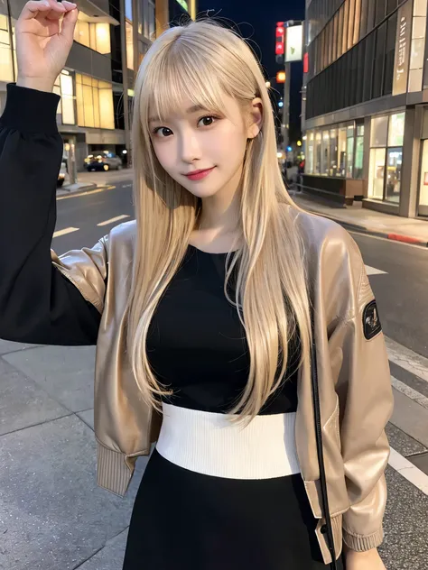 (Masterpiece, Top Quality, 8K Quality), Realistic Photos, Perfect Human Structure, Perfect Anatomy, Japanese Young Adult Female, One Person, KPOP Idol Style Face, Provocative Smile, Clear Skin, Natural Textured Skin, Very Detailed Hands, (((Platinum Blond ...