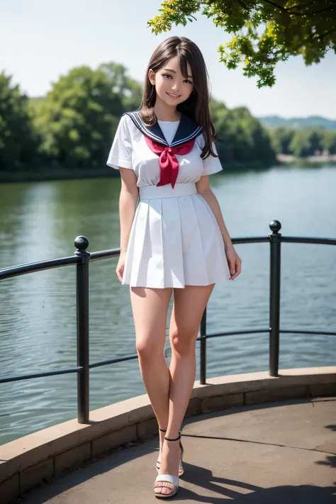 Perfect composition, Proper placement, Golden Ratio, masterpiece,  best quality,  high definition ,  one  Girl, Cute (Girl:(loli:1.5), full body focus, full body shot, view the viewer, smiling, standing,  Wearing a Japanese High School Sailor Suit:1.331, W...