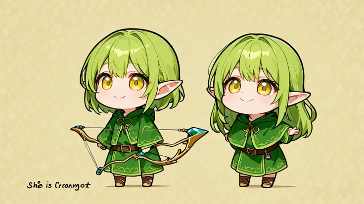 Draw only one character in the image. best quality, Alone, フラット color, color, chibi , A chibi-style, two-heads-tall girl with pointed ears and long green hair. She is elf. She is wearing a green short robe adorned with magical patterns She has a bow a...