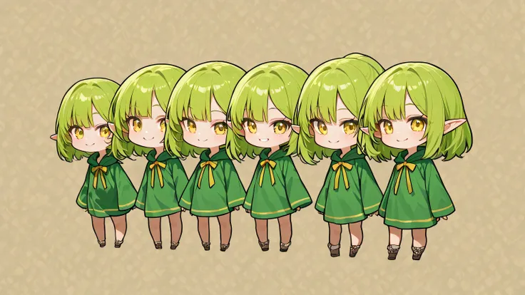 Draw only one character in the image. best quality, Alone, フラット color, color, chibi , A chibi-style, two-heads-tall girl with pointed ears and long green hair. She is elf. She is wearing a green short robe adorned with magical patterns She has a bow a...