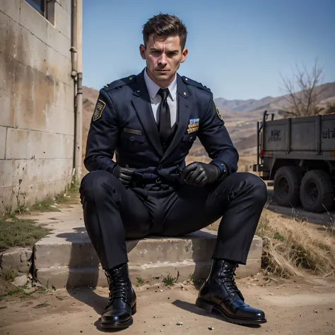 37year old handsome, One Man,、 muscularity、 Israeli,。 black suit、 black tie、 black slim pants 、Short Hair、Countryside roads 、 sit on the ground、 open her legs 、 black suit、 black tie、 black slim pants 、 upper body up　Israeli,　Front 　Policeman's Uniform　Men...