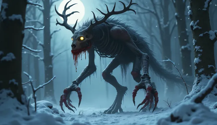 "A terrifying Wendigo-like creature, its skeletal frame stretched unnaturally tall, with gaunt, decayed flesh clinging to its bones. Its hollow, glowing white eyes pierce through the darkness as jagged antlers protrude from its skull, twisted and gnarled l...