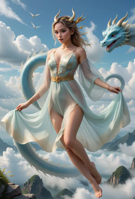 Year of the Dragon Cute Wallpaper. fly in the clouds ,  ( girl in transparent clothes ) beautiful art painting, Trend CGsociety,  fantasy art , -乌德, beautiful  fantasy art , breathtaking  fantasy art , beautiful fantasy painting, very beautiful  fantasy ar...
