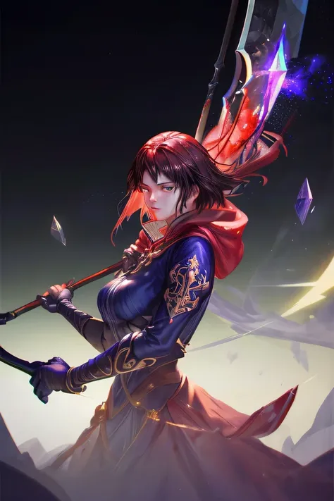 beautiful anime warrior girl, elegant battle pose with massive scythe, flowing red cape, semi-realistic style, detailed weapon design, crystallized blood effects, magical energy wisps, studio ghibli inspired backgrounds, detailed fabric movement, glowing m...