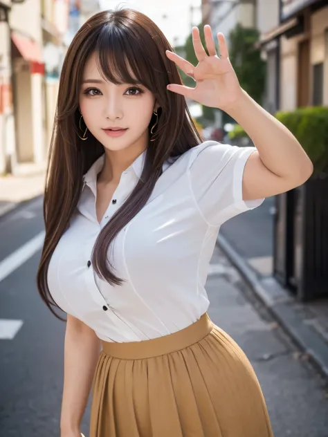 ((drunk woman)),(( Y shirt)),(( long skirt )),((oak )),(( waving)),(( best quality)),  realistic, 非常に Detailsな, 細かく Detailsに, (( high resolution)), 8k、(whole body)、Japanese woman who is tipsy、(curvy),(busty)、( MIDDLE HAIR)、 brunette colored hair 、 glamour、...