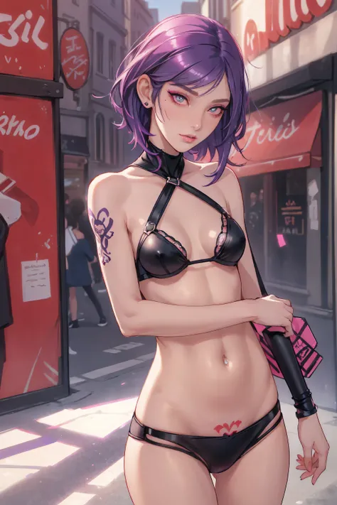 1girl,a beautiful fashion model ,(masterpiece, detailed background, best quality), short and shiny hair, dark purple gradient hair,smirk,juicy lips,red lips, sexy street clothes, stripping, elegant makeup, exhibitionism, chloe price, alt girl, black tattoo...