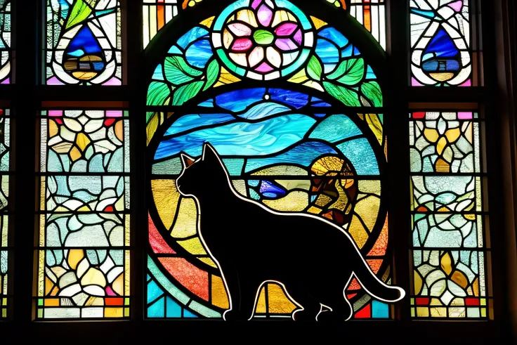 araffe silhouette of a cat in front of a  stained glass window,  Eugenius Zack's Mosaic ,  photo of the house on the screen pixabay contest winner , Art Nouveau, on a  stained glass window, maxim verehin  stained glass, backlit  stained glass,  Cat Silhoue...