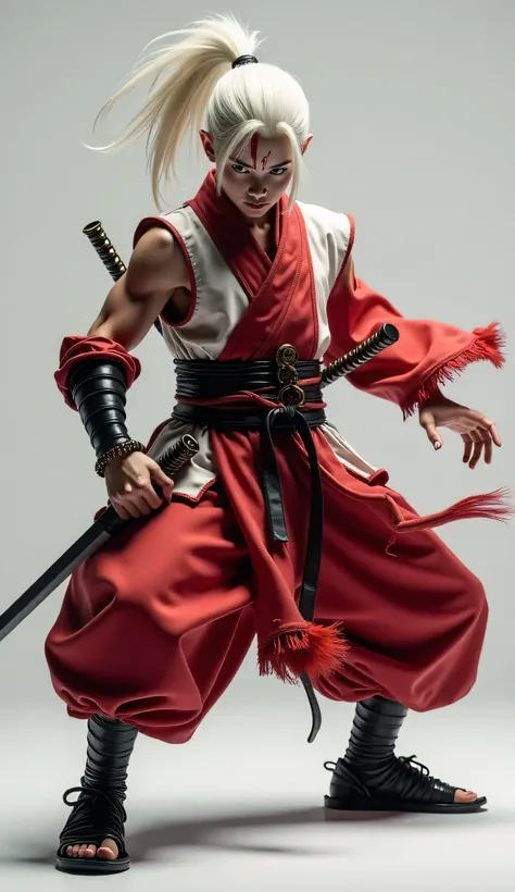 A dynamic hyper-realistic image of a young warrior with white spiky hair pulled back in a high ponytail and a red streak on his hair near his face, dressed in traditional samurai-style clothing with red and white accents. The figure is standing in a takedo...
