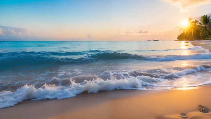 Beautiful sandy beach,There are coconut trees on the beach,The sea water is crystal clear,There are many beautiful shells on the beach,The sun rises over the sea