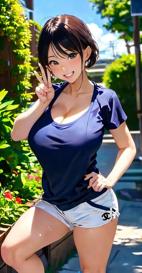 ((( big-tits:1.2)))、 cleavage、  tanning、（ one girl）、Expose the muscles 、 anatomically correct、Correct finger、(( double teeth))、 Sweaty muscles 、((waer Chanel t-shirt :1.2))、Neat Girl、smile、garden 、Pubic hair is transparent、 ((( sexy pose)))、 in the sun's n...