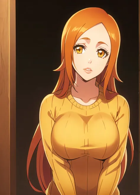 bleach style, inoue orihime, 1girl, decora, lips, long hair, looking at viewer, multiple hairpins, orange hair, sidelocks, solo, sweater, yellow eyes, yellow sweater,  ((masterpiece))  